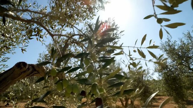 Vibrant green olive tree branches, bearing small fruit, are captured in a bright, low-angle shot showing strong sun flare against the clear blue sky of the orchard.