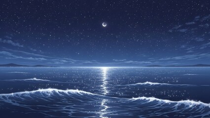 Beautiful Moonlit Ocean Waves at Night with Sparkling Water and Distant Horizon