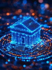 Futuristic visualization of digital banking services in a striking blue theme.