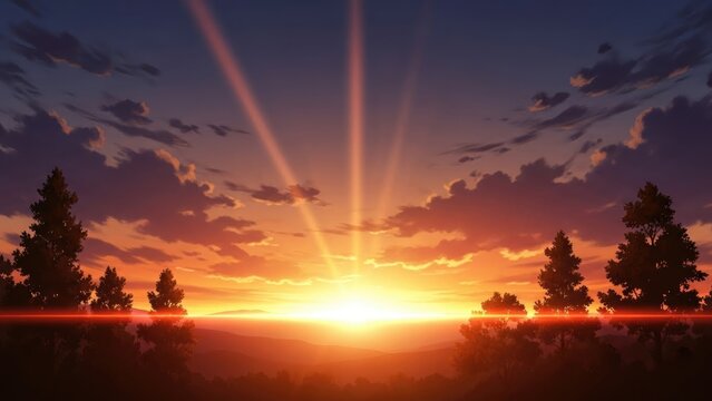 Stunning anime-style sunset over a serene forest landscape with vibrant orange and purple clouds and dramatic sun rays, perfect for backgrounds and fantasy themes