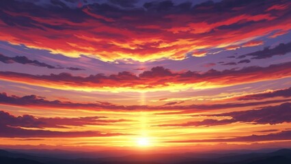 Vibrant and dramatic sunset sky with fiery orange, red, and purple clouds over a serene mountain landscape, creating a breathtaking natural backdrop