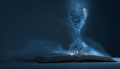 Futuristic night scene of digitized trophy emerging from open book