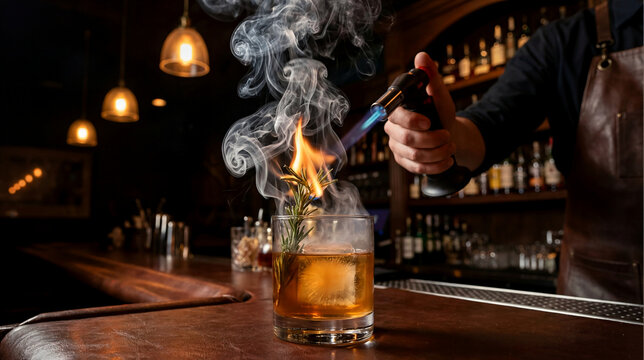 Smoked cocktail in tumbler glass, rosemary sprig on fire, smoke wisps rising, dark speakeasy bar, bartender's hand with torch in background, dramatic theatrical presentation, mysterious ambiance