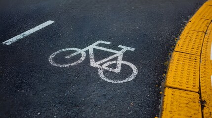 Obraz premium A close-up of a dark grey asphalt bike lane with a white bicycle sign painted on it. The path has a minor bend and is surrounded by a pedestrian crossing and yellow tactile pavement.