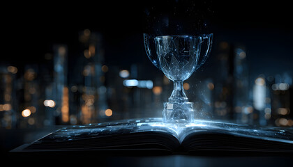 Futuristic night scene of digitized trophy emerging from open book