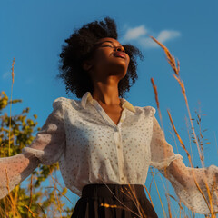 Woman breathing fresh air in tall grass at golden hour. Wellness and self care concept.