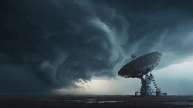 Dark storm clouds loom as a lone radar dish overlooks a barren, windscoured plains under pale light