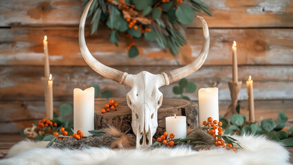 Rustic cow skull with candles and berries on wooden table. Autumn farmhouse decor concept.
