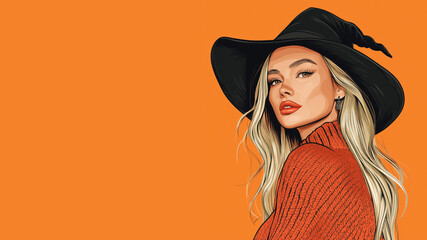 Blonde woman in cowboy hat on orange background. Western fashion concept.
