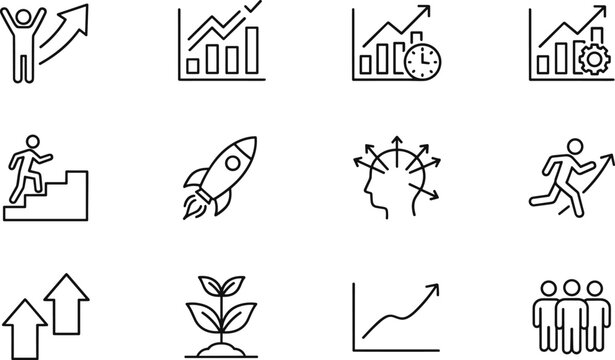 Business growth and personal success line icon set featuring rising financial charts, rocket launch, career advancement steps, achievement goals, and leadership development symbols.