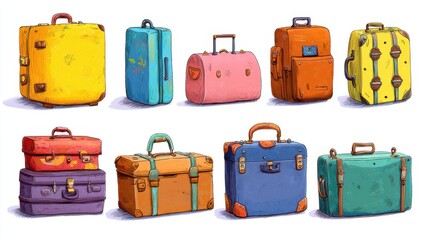 Assortment of colorful vintage suitcases on white background