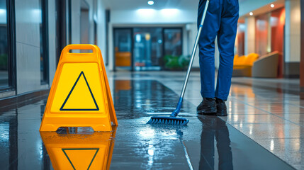 Janitor cleaning wet floor with mop near warning sign in modern office hallway at night for safety and hygiene maintenance