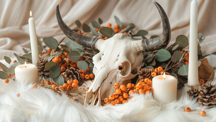 Close-up cow skull with horns and berries. Autumn rustic home decor concept.