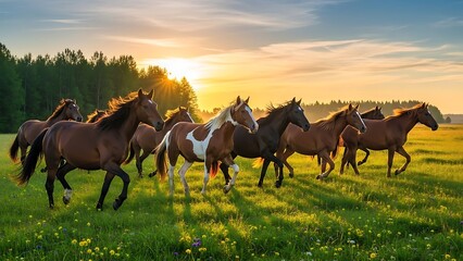 Horses Running Through a Grassy Field with Wildflowers at Sunset