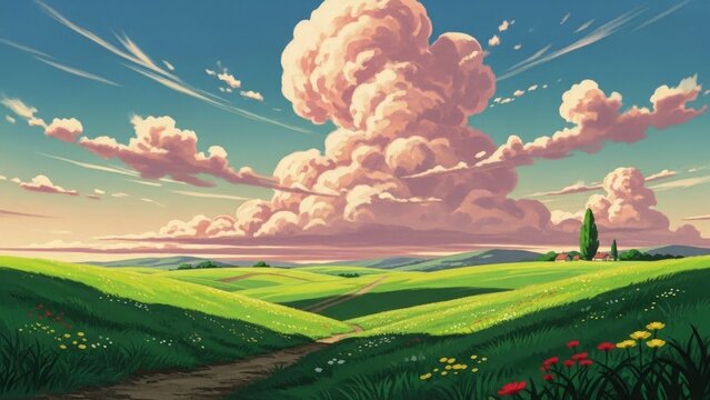 Vibrant Anime Style Landscape with Rolling Green Hills, Fluffy Pink Clouds, and a Distant Village Under a Blue Sky - Powered by Adobe