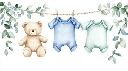 Whimsical watercolor artwork featuring baby clothes on a clothesline.