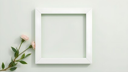 Top View of White Square Frame with Pink Flower. Minimalist Spring Mockup with Copy Space