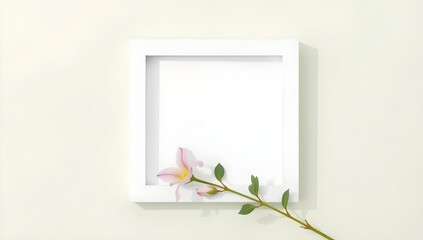 Top View of White Square Frame with Pink Flower. Minimalist Spring Mockup with Copy Space