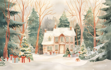 Watercolor winter house with trees and snow. Christmas greeting illustration concept.