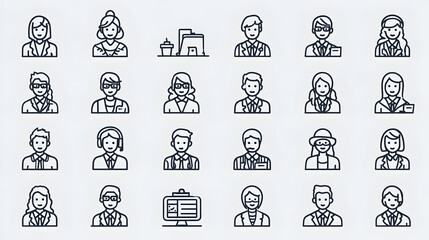 A diverse group of business professionals illustrated in a simple line style