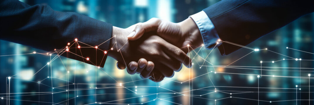 Businessmen handshake with digital growth graph overlay and cityscape background symbolizing successful partnership teamwork business deal and financial progress concept