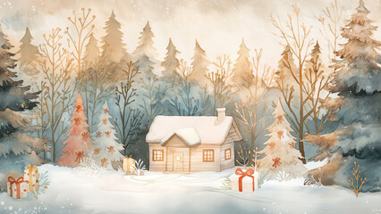 Watercolor winter cottage with gifts in snow. Christmas holiday illustration concept.