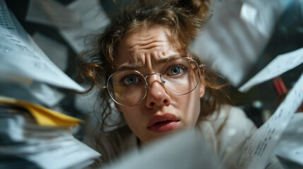 A stressed woman surrounded by piles of paperwork and documents looking overwhelmed and frustrated