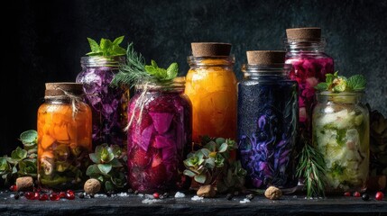 Colorful fermented vegetables in glass jars