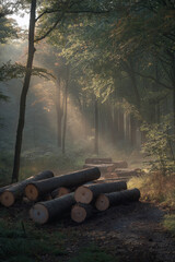 Misty forest with sun rays and fallen logs. Nature mood concept.