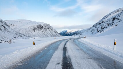 Icy Road Through Snowy Mountain Pass