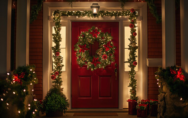Red front door with wreath and holiday garland. Christmas home decor concept.