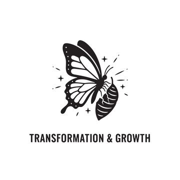 silhouette of butterfly emerging from cocoon white background