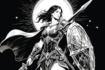 Mythic warrior woman in ornate armor with sword and shield standing before radiant celestial light.