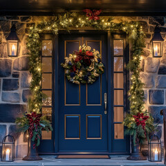 Blue front door with wreath and garland lights. Christmas holiday entrance concept.