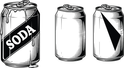 Set of Three Vintage Engraving Style Aluminum Beverage Can Vector Illustrations with Dripping Soda