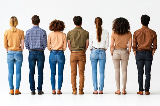 A group of people standing in a row facing the same direction