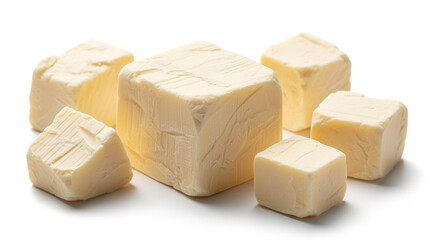 A collection of cubed butter on a white background