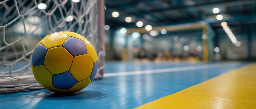 A yellow and blue soccer ball sits on the floor in front of a goal net indoors