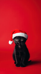 Black kitten wearing Santa hat close-up on red background. Christmas pet holiday concept.