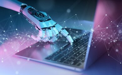 Robotic hand pressing a keyboard on a laptop. Cyborg fingers using a computer. 3D rendering