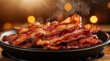 A mouth-watering display of crispy bacon strips sizzling on a hot plate, inviting viewers to indulge in a delightful culinary experience that evokes comfort and satisfaction.