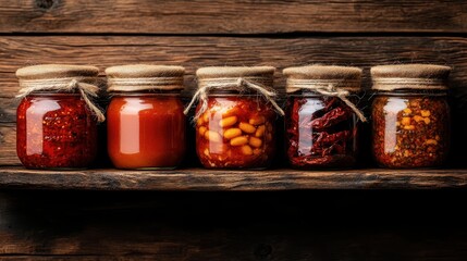 A collection of jars filled with vibrant preserves arranged on a rustic shelf, symbolizing homemade goodness, tradition, and the joy of preserving food.