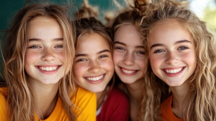 Fototapeta premium Four joyful girls are posing closely together, showcasing their bright smiles, spontaneity, vibrant hair, and enthusiasm, creating an engaging and cheerful atmosphere.