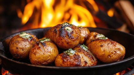 A delicious spread of grilled potatoes topped with herbs sizzling over an open fire captures the essence of outdoor cooking, evoking warmth and a communal dining experience.