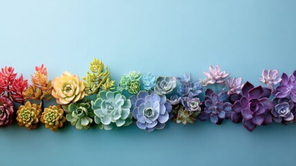 Colorful succulent plants arranged in a rainbow gradient