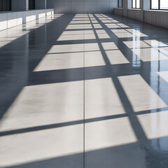 Empty industrial space with large windows casting strong shadows across a polished floor