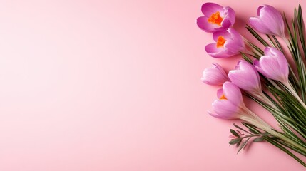 Fototapeta premium An elegant display of delicate pink crocuses with bright orange centers on a soft pink backdrop, symbolizing renewal and the beauty of springtime blooms.