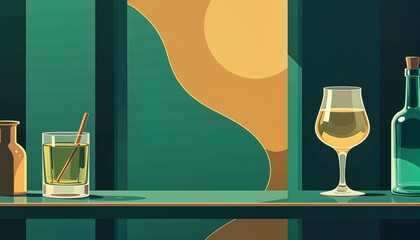 Stylish illustration of various drinks including a glass of white wine, whiskey glass, and bottle on a vibrant background. Suitable for presentations on beverage culture, mixology, or hospitality.
