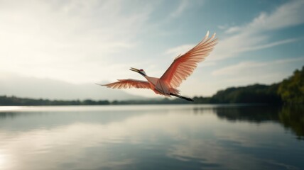 Roseate Spoonbill Flying Above Water