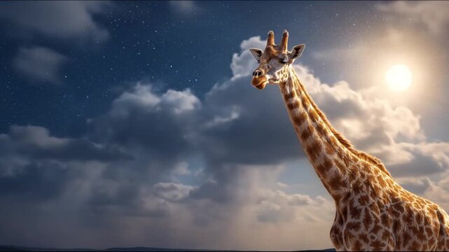 Giraffe silhouette against a starry night sky with glowing clouds, tall, graceful, tranquil. At dusk